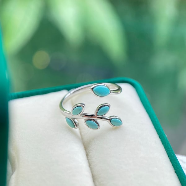 Anillo de plata de ley con turquesa y pera: diseño de hojas de ramita, piedra natural