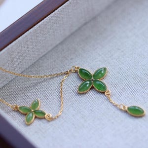 Colar com pingente de jade verde natural/Prata 925 esterlina, pingente de trevo de quatro folhas banhado a ouro 18K/Gargantilha de trevo de quatro folhas de prata
