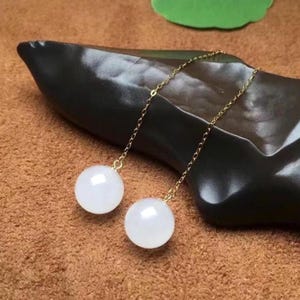 Genuine White Nephrite dangle Earrings/Sterling 925-Silver 18KGold-Plated white jade drops/anniversary gift/unique gift/gift for mum
