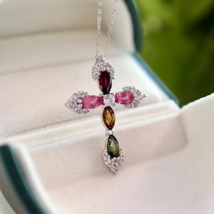 Natural rainbow tourmaline pendant/Sterling 925Silver 18k Gold-Plated tourmaline pendant/February birthstone gift for her/gift for mum