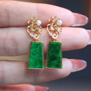 Genuine green jadeite dangle Earrings/Sterling 925-Silver 18KGold-Plated jade drop/anniversary gift/retro earrings drop/gift for mum