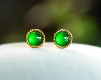 Natural jadeite Stud Earrings /Sterling 925-Silver 18KGold-Plated round green jade Studs/anniversary gift/minimalist/gift for mum