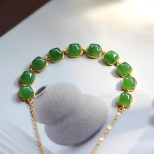 Natural green jade bracelet/Sterling 925Silver 18KGold-Plated round jade  bracelet/anniversary gift/raw jade bracelet/gift for mum