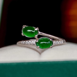 Natural jadeite ring/Sterling 925-Silver green oval jadeite ring/genuine jadeite ring/double stone ring/anniversary gift/gift for mum