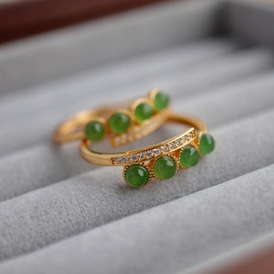 Natural green jade  ring/Sterling 925Silver 18K Gold-Plated round jade ring/multi-stone ring/genuine jade ring/anniversary gift/gift for mum