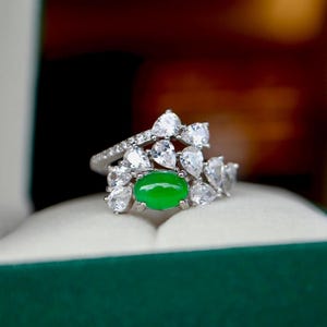 Natural jadeite ring/Sterling 925-Silver green oval jadeite ring/genuine jadeite ring/art deco ring/anniversary gift/gift for mum