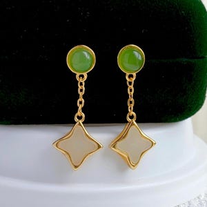 Natural jade dangle Earrings/Sterling 925 Silver 18K Gold-Plated Nephrite drops/anniversary gift for her/a versatile earring/gift for mum