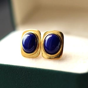 Natural Lapis lazuli Stud Earrings /Sterling 925-Silver Gold-Plated oval Lapis lazuli Studs/anniversary gift/minimalist/gift for mum