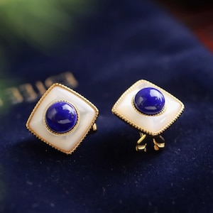 Natural Lapis lazuli Stud Earrings/Sterling 925-Silver Gold-Plated round Lapis lazuli Studs with White Shell/anniversary gift/gift for mum