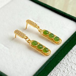 Natural jade dangle Earrings/Sterling 925 Silver 18K Gold-Plated Nephrite drops/anniversary gift for her/a versatile earring/gift for mum