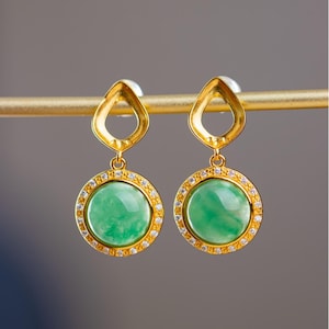Genuine African green jadeite drop Earrings/Sterling 925-Silver 18KGold-Plated African jade earrings/anniversary gift/retro earrings drop