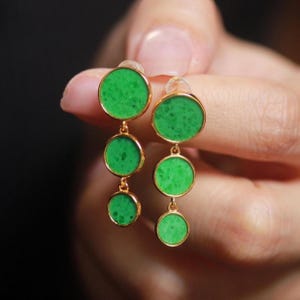 Genuine green jadeite dangle Earrings/Sterling 925-Silver 18KGold-Plated jade drop/anniversary gift/retro earrings drop/gift for mum