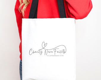 LDS Relief Society Themed Tote Bag, Charity Never Faileth, LDS relief society gift, Christian gift, religious tote bag, Bible quote tote bag