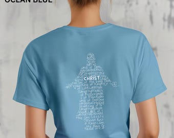 Camiseta unisex con los nombres de Cristo impresos en la parte posterior, camiseta de Cristo SUD, camiseta cristiana, camiseta religiosa, camiseta con la silueta de Jesucristo, camiseta mormona