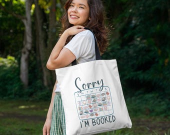 Bolsa de mano con texto "I'm All Booked Library", bolsa para guardar libros, bolsa de mano para amantes de los libros, bolsa de biblioteca divertida, bolsa para libros de texto universitarios, bolsa de regreso a la escuela