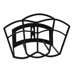 May include: Black metal hose holder with a curved design. The holder has two mounting holes on the back.
