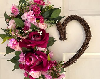 Rustic Valentine's Day Heart Wreath: Pink Roses & Blossoms