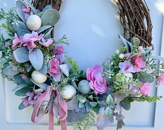 Pink Easter Wreath For Front Door, Easter Egg Wreath, Rustic Lambs Ear Easter Wreath With Bow, Bunny Wreath, Easter Decor