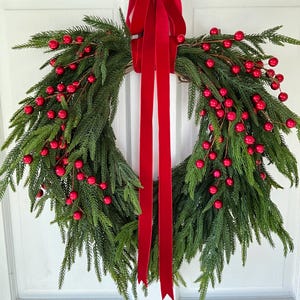 Norfolk Pine Christmas Wreath: Red Berry Farmhouse Winter Decor