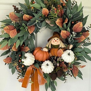 Fall Wreath, Orange And Greenery Wreath, Thanksgiving Wreath For Front Door, Farmhouse Fall Wreath, Scarecrow And Pumpkin Wreath, Fall Decor