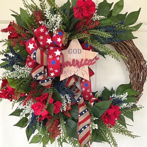 Patriotic Wreath for Front Door, Summer Red White and Blue Wreath, Memorial Day Wreath, 4th of July Wreath, Elegant USA Wreath