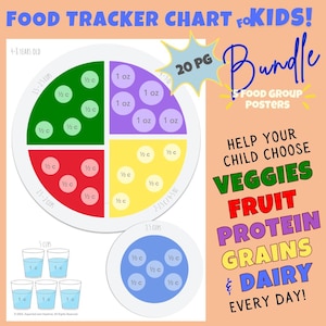 Puede incluir: Un gráfico de seguimiento de alimentos colorido para niños, dividido en cuatro secciones: frutas, verduras, proteínas y granos. El gráfico incluye una guía visual con tamaños de porciones para cada grupo de alimentos. El gráfico también incluye el texto "20 PG Bundle 5 Food Group Posters" y "¡Ayuda a tu hijo a elegir verduras, frutas, proteínas, granos y lácteos todos los días!"