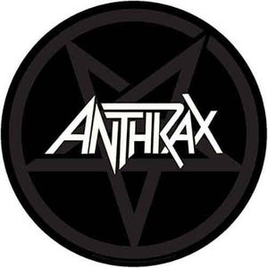 May include: A black circular graphic with the band name "ANTHRAX" in white, bold lettering. The text is set within a black pentagram, on a black background.