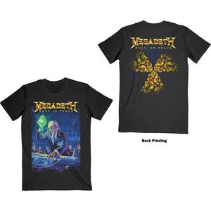 Könnte beinhalten: Schwarzes T-Shirt mit einem Grafikdruck eines Mannes im Anzug, der eine grüne Kugel hält. Der Text "Megadeth Rust in Peace" ist auf dem Shirt aufgedruckt. Die Rückseite des Shirts zeigt ein Schädelmotiv mit dem Text "Megadeth Rust in Peace".