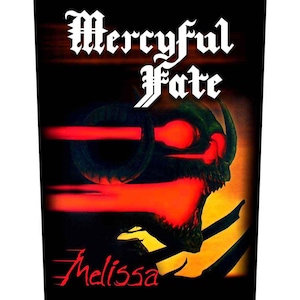 May include: Black and red graphic print of a skull with glowing red eyes and the text "Mercyful Fate" and "Melissa" on a black background.