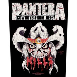 Op de afbeelding: Zwart-witte patch met een schedel die een cowboyhoed draagt en de tekst "Pantera Cowboys From Hell Kills".