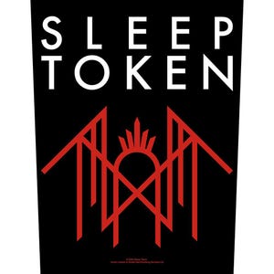 Puede incluir: Fondo negro con el texto blanco "SLEEP TOKEN" en la parte superior. Debajo, un diseño gráfico rojo con una forma de sol en el centro. El diseño tiene una apariencia simétrica y geométrica.