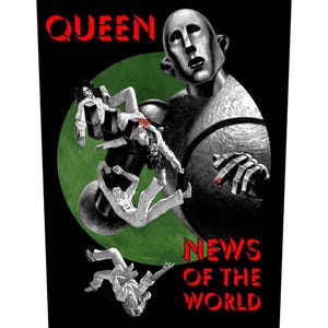 Peut inclure: Illustration de la pochette de l'album "News of the World" de Queen. Un robot géant tient plusieurs personnages tombants. Les mots "QUEEN" et "NEWS OF THE WORLD" sont en rouge sur fond noir, avec un cercle vert.