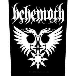May include: Black and white graphic featuring the word "Behemoth" in a stylized font above a symmetrical design of two winged creatures, a cross, and a starburst. The design is on a black background.
