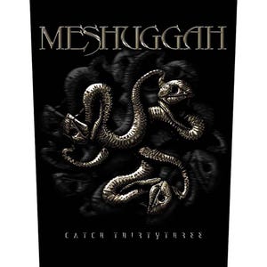 Op de afbeelding: Zwarte afbeelding met de bandnaam MESHUGGAH in zilveren letters boven een gedetailleerde illustratie van drie metalen slangen. De albumtitel CATCH THIRTYTHREE is in zilver onderaan gedrukt.