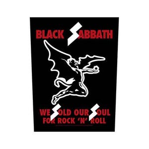 Peut inclure: Patch de logo du groupe Black Sabbath avec une figure de diable blanche avec des ailes et le texte "We sold our soul for rock 'n' roll".
