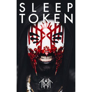 May include: A person wearing a white mask with red and black accents, and the text "SLEEP TOKEN" in white. The mask has a unique design with a red pattern and a black hood.