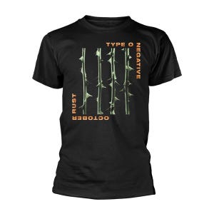 Könnte beinhalten: Schwarzes T-Shirt mit einem grafischen Design aus vertikalen Dornenillustrationen. Der Text "TYPE O NEGATIVE" ist vertikal rechts und "RUST OCTOBER" links ausgerichtet. Das T-Shirt hat einen Rundhalsausschnitt.