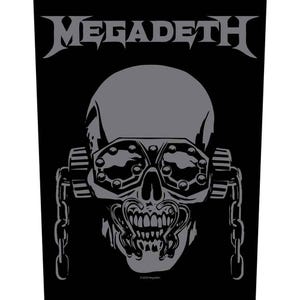 Puede incluir: Ilustración en blanco y negro de una calavera con gafas y una cadena. La calavera tiene una gran sonrisa con dientes. El texto "Megadeth" está por encima de la calavera.