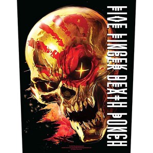 May include: A black and white graphic of a skull with a red and gold paint design. The skull has a large, open mouth with sharp teeth. The text "FIVE FINGER DEATH PUNCH" is printed vertically on the right side of the image.