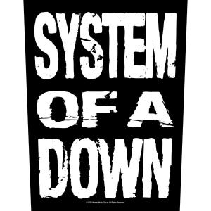 May include: A black rectangular fabric patch featuring the white distressed text SYSTEM OF A DOWN in a bold, blocky font. The text is arranged in three lines. At the bottom center, small white text reads 2005 Warner Music Group. All Rights Reserved.