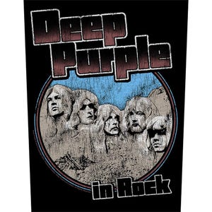 May include: Black graphic featuring the band Deep Purple. The design includes the band's name in a distressed, red and white font above a circular image of the band members' faces. The words "In Rock" are at the bottom.