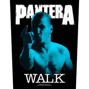 May include: Black graphic featuring a blue-toned image of a man making a hand gesture. The word "PANTERA" is at the top in white, with "WALK" at the bottom. The image is a promotional item for the band Pantera.