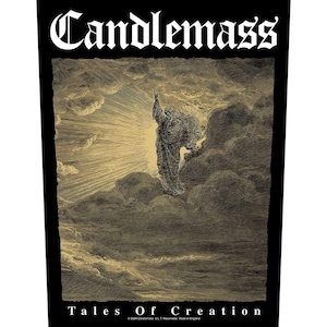 May include: Black rectangular graphic featuring the band name "Candlemass" in white gothic lettering. Below, a sepia-toned illustration depicts a robed figure reaching towards a bright light amidst clouds. The text "TALES OF CREATION" is at the bottom.