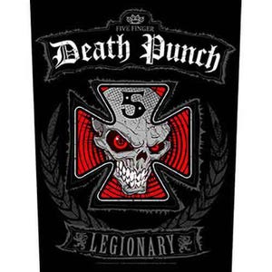 May include: Black and red graphic print of a skull with a cross and the text "Five Finger Death Punch" and "Legionary".