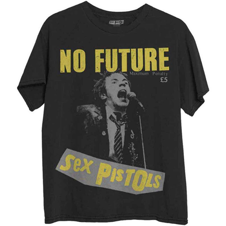 May include: Black t-shirt with a yellow and white graphic print of a man singing into a microphone. The graphic says "No Future" and "Sex Pistols".