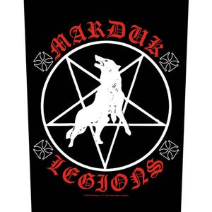 Pode incluir: Patch preto e branco com um pentagrama vermelho e um lobo uivando para a lua. O texto "Marduk Legions" está escrito em letras vermelhas.