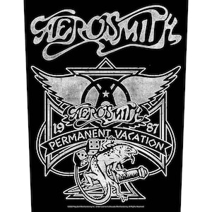 May include: Black and white Aerosmith "Permanent Vacation" graphic. The design features the band's logo, wings, and a lizard with dice. The text includes "1987" and "Permanent Vacation".