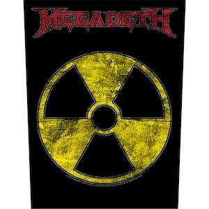 May include: Black patch with the band name "Megadeth" in red letters and a yellow and black radioactive symbol.