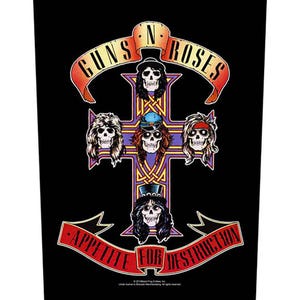 Peut inclure: Graphique noir avec le logo Guns N' Roses. Le design comprend une croix avec des visages de crânes, le nom du groupe dans une bannière rouge et les mots "Appetite for Destruction" dans une bannière rouge en bas.