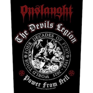 May include: Black patch with red and white text and a detailed illustration. The text reads "Onslaught" at the top, with "The Devils Legion" and "Four Decades of Fury" in a circular design. A devil figure is in the center, with "Power From Hell" at the bottom.